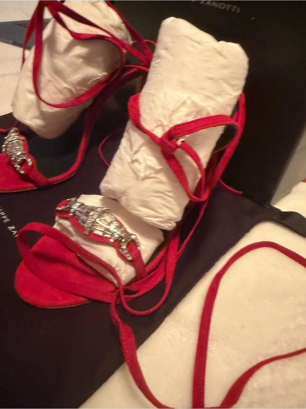Giuseppe Zanotti Red Suede Crystal-Embellished Lace-Up Heels